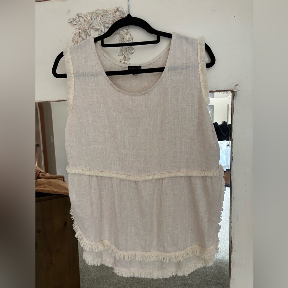 COCO & CARMEN RUNWAY LINEN FRINGE TANK- Beige Size S/M